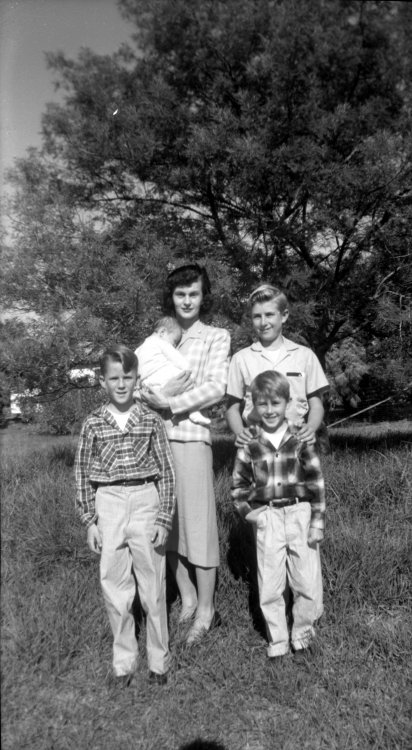 Mary Lovell, holding Joseph.  Mike, John, and Rob.  1957Lovell Family Photos, most pre-1960 092.jpg