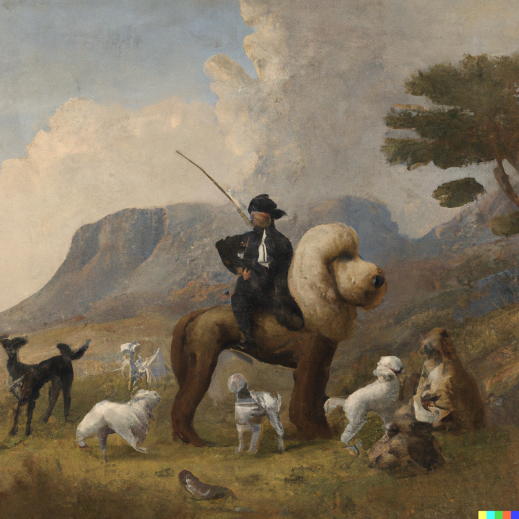 DALL·E 2024-05-17 19.24.34 - An oil painting of the 1876 American general George Armstrong Custer’s last stand in the American Wild West with Custer as a poodle.png